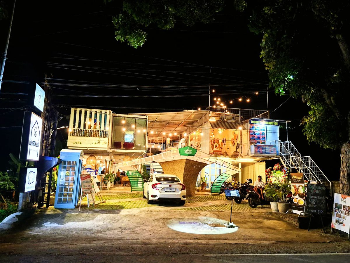 Containers Hostel exterior at night